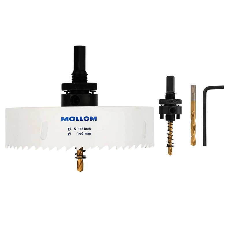 Mollom (140mm | 5-1/2") HSS M42 with 8% Cobalt BI-Metal Hole Saw with 2 Pilot Drill Bits & Arbor Smooth Cutting for PVC,Drywall,Wood,Plastic,Gypsum Board,Rubber - Image 1